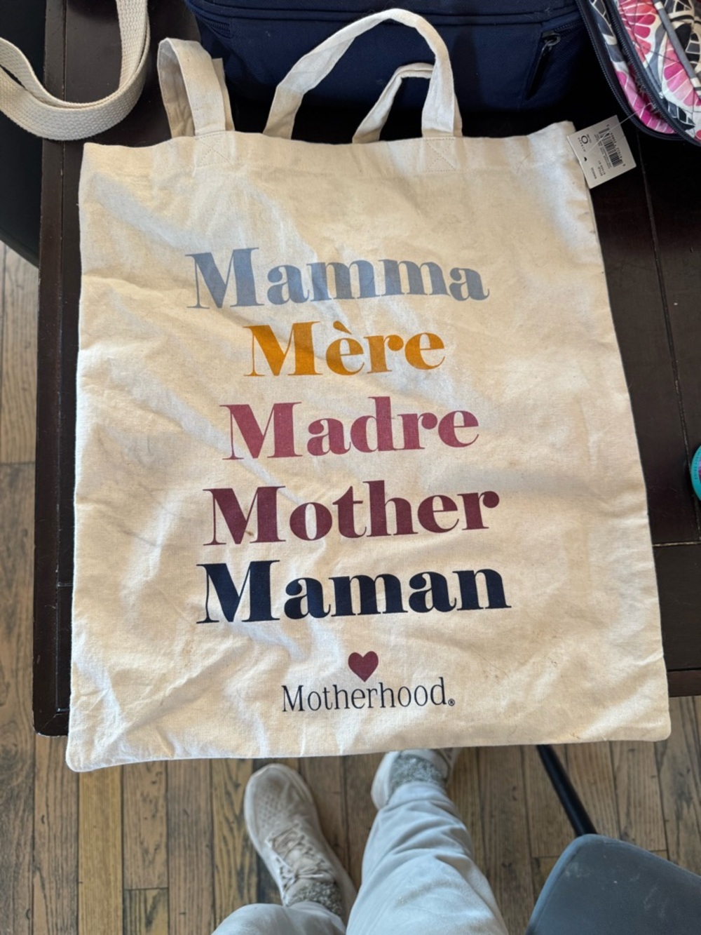 Motherhood Natural Canvas Tote with Multicolor Typography PLUS MYSTERY BOOK